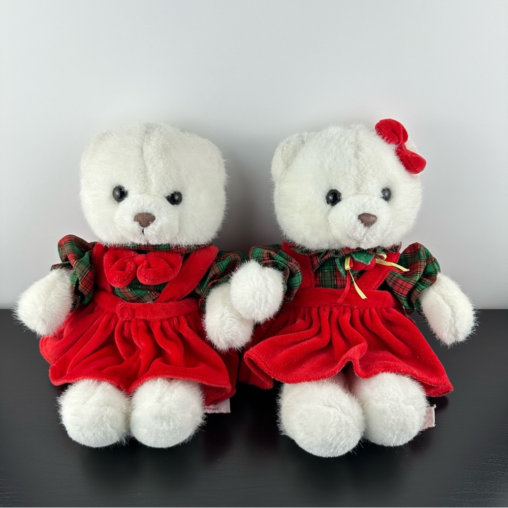 Vintage Russ Kringle Chrissy Christmas Bears White Plush Stuffed Animal 12”
